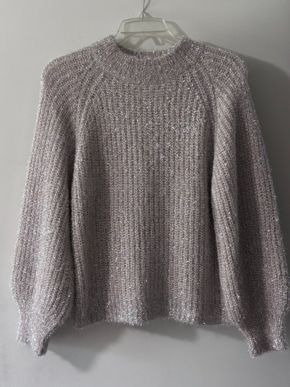See and Be Seen Metallic Shimmer Knit Balloon Sleeve Sweater Pink Silver Large